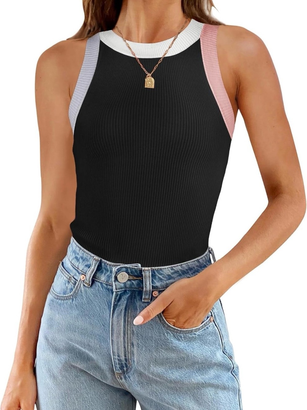 Colorblock Ribbed Tank Top - Black with Pink & Lavender Trim